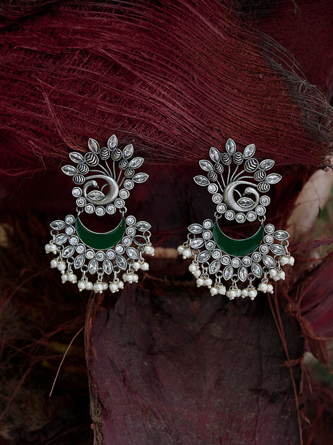 

Adwitiya Collection Silver-Plated & Green Oxidised Classic Drop Earrings