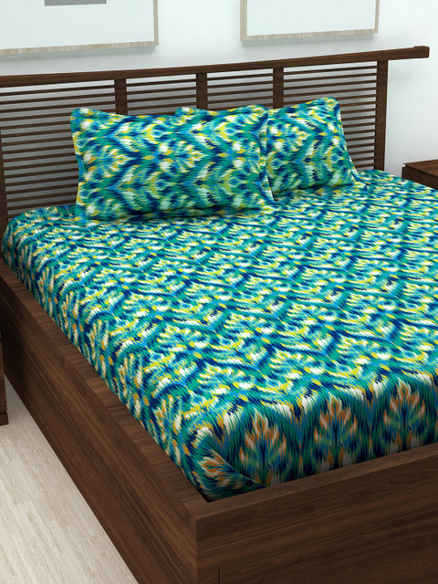 

Story@home Sea Green & Yellow Ethnic Motifs 152 TC Cotton 1 Queen Bedsheet with 2 Pillow Covers