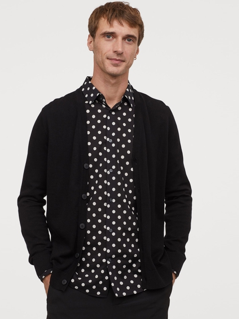 

H&M Men Black Solid Cotton Cardigan