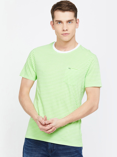 

Forca by Lifestyle Men Green & White Striped Round Neck T-shirt