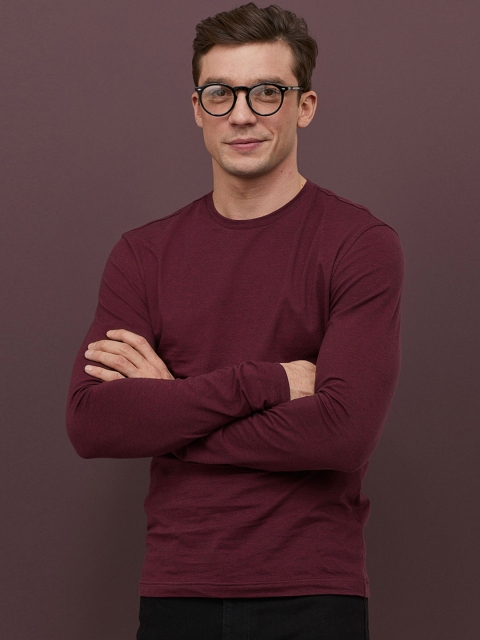 

H&M Men Maroon Solid Long-Sleeved Jersey Sweatshirt