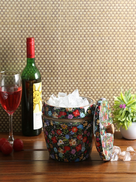 

CRAYTON Black & Green Floral Printed Mango Wood Ice Bucket with Inside Steel 4000 ml