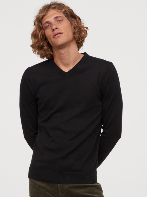 

H&M Men Black Solid V-neck Cotton Jumper