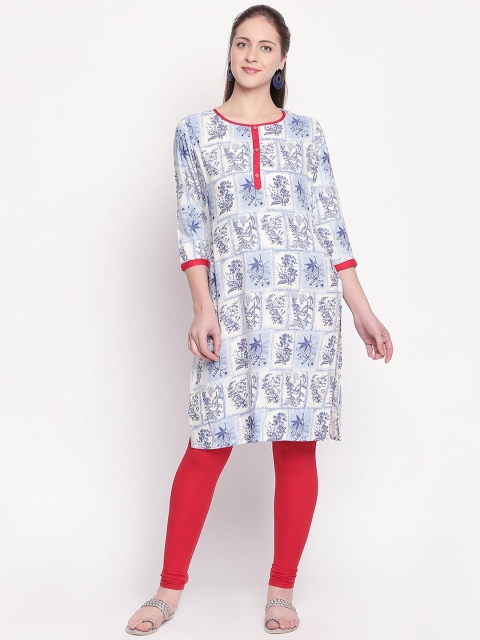 

ZRI Women Off-White & Blue Printed Straight Kurta