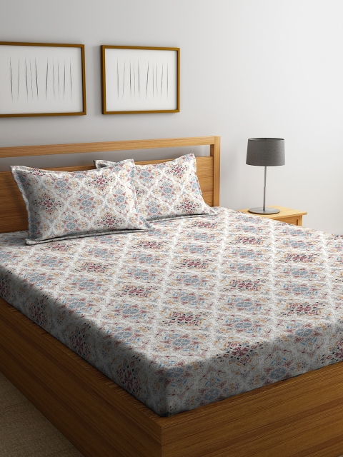 

STELLAR HOME White & Blue Ethnic Motifs 104 TC Cotton 1 Queen Bedsheet with 2 Pillow Covers