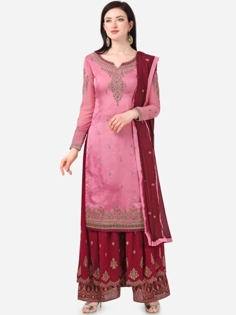 

Stylee LIFESTYLE Pink & Maroon Satin Finish Semi-Stitched Embroidered Dress Material