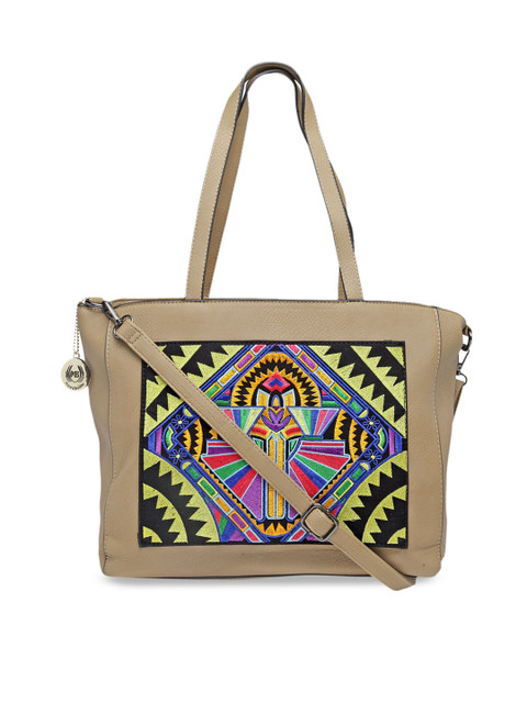 

Moedbuille Beige & Yellow Self Design Handheld Bag