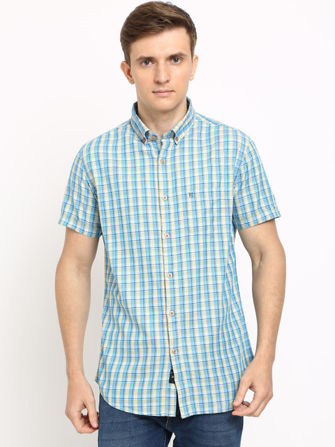 

TED HARBOR Men Blue & Cream-Coloured Slim Fit Checked Casual Shirt