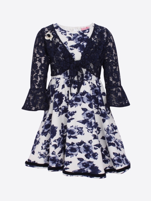 

CUTECUMBER Girls White & Navy Blue Floral Print Fit and Flare Dress