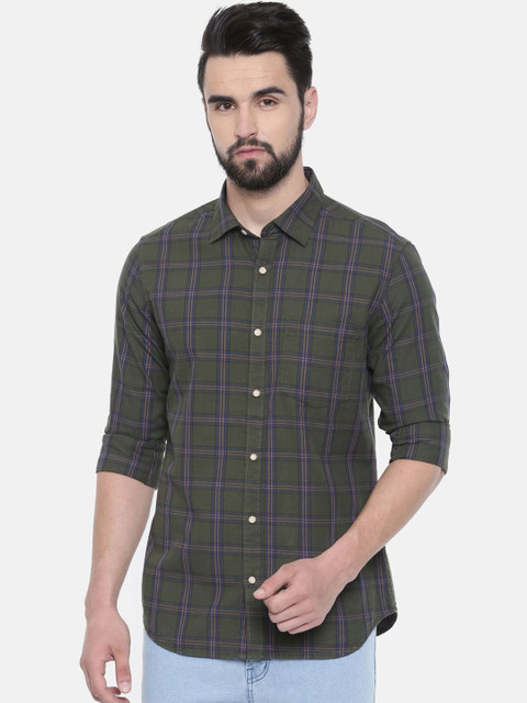 

IMYOUNG Men Olive Green & Blue Slim Fit Checked Casual Shirt