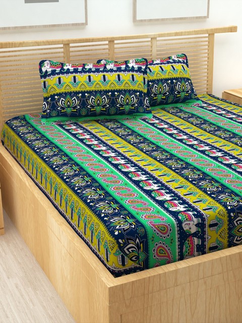

Story@home Navy Blue & Green Ethnic Motifs 152 TC Cotton 1 Queen Bedsheet with 2 Pillow Covers