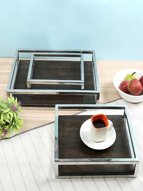 

Crayton Coffee Brown Set of 3 Acacia Wood Serving Trays with Steel Border