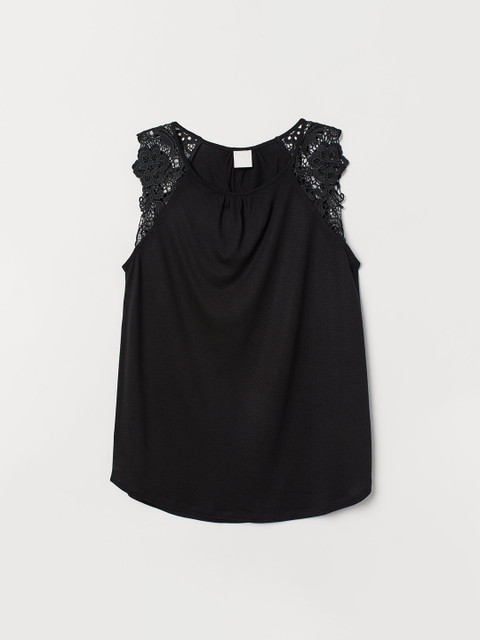 

H&M Women Black Solid Jersey Top with Lace