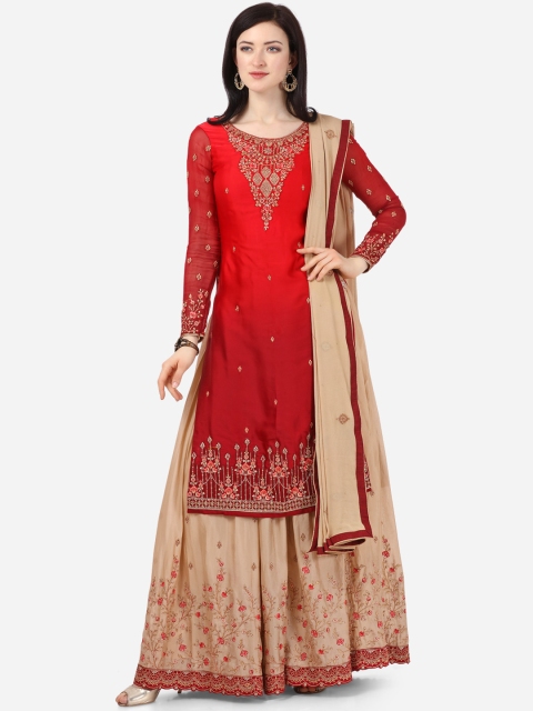 

Stylee LIFESTYLE Red & Cream-Coloured Satin Finish Semi-Stitched Dress Material
