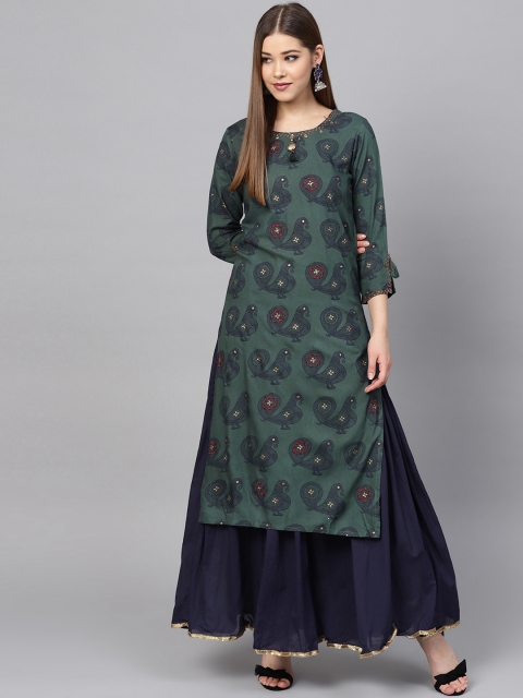 

Ishin Women Green & Navy Blue Printed Kurti with Sharara