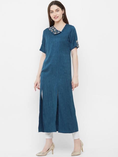 

INDE by MISH Women Teal Blue Solid Straight Kurta