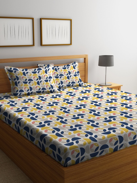 

STELLAR HOME Yellow & Navy Blue Abstract 104 TC Cotton 1 Queen Bedsheet with 2 Pillow Covers