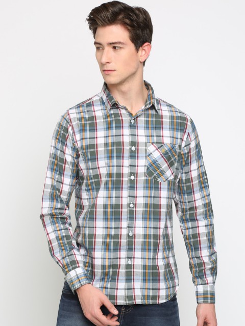 

TED HARBOR Men White & Green Slim Fit Checked Casual Shirt
