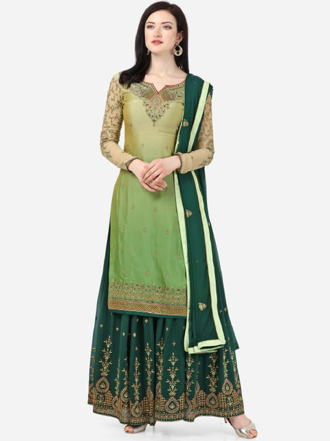 

Stylee LIFESTYLE Green & Golden Satin Finish Dyed Semi-Stitched Embroidered Dress Material