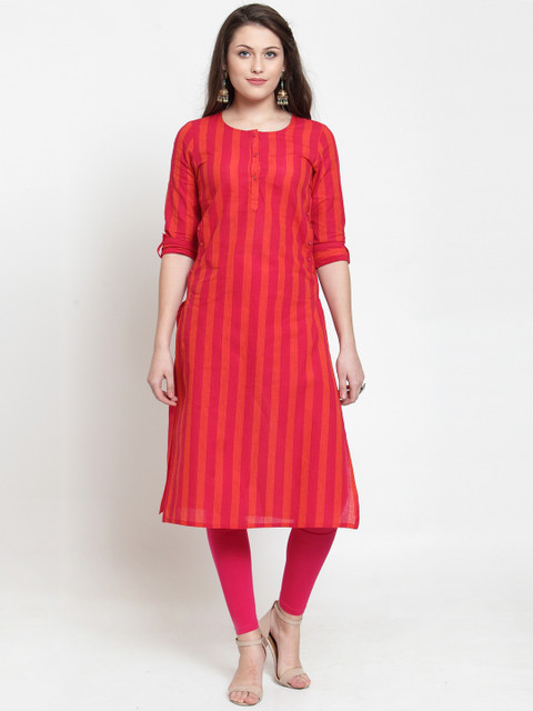 

Kiaasa Women Pink & Red Striped Straight Kurta