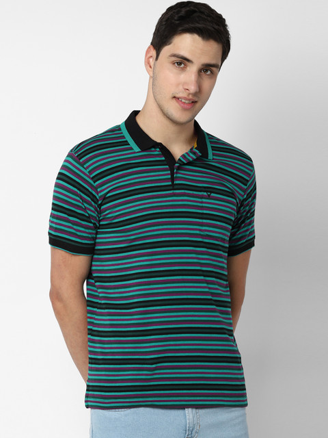 

Allen Solly Men Green Striped Polo Collar Pure Cotton T-shirt