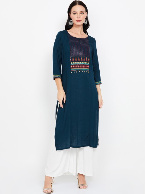 

Melange by Lifestyle Women Navy Blue & Orange Yoke Design Straight Kurta