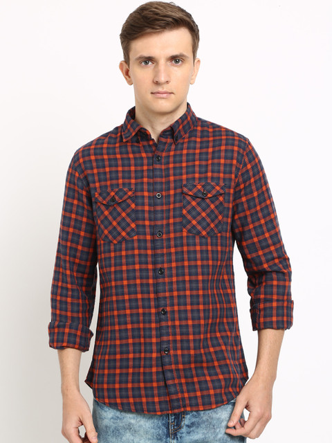 

TED HARBOR Men Red & Blue Slim Fit Checked Casual Shirt