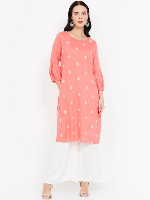 

Melange by Lifestyle Women Coral Pink & Off-White Embroidered Straight Kurta