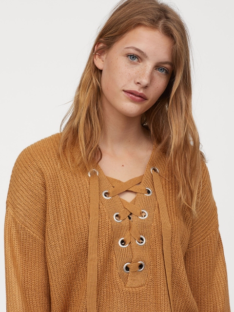 

H&M Mustard Yellow Knitted Jumper With Lacing