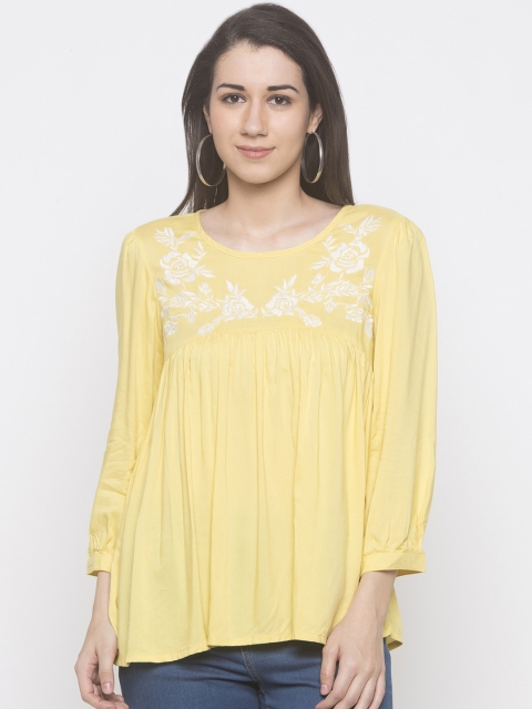 

Globus Women Yellow Embroidered A-Line Top