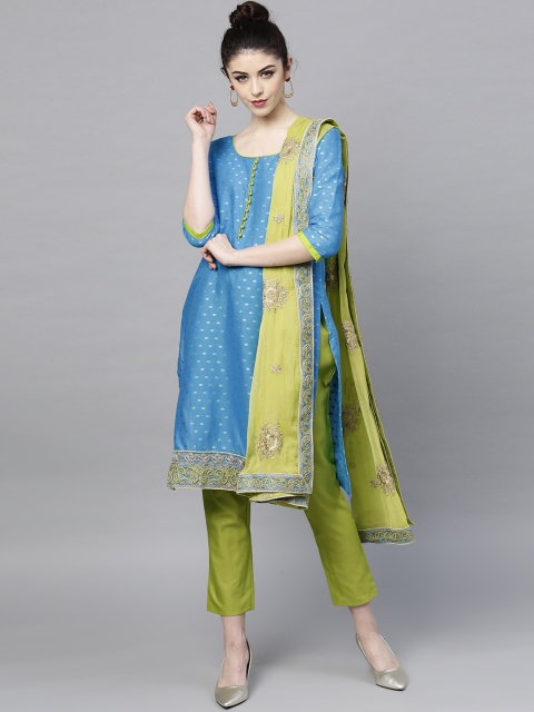

Ishin Women Blue & Green Printed Kurti with Trousers & Dupatta
