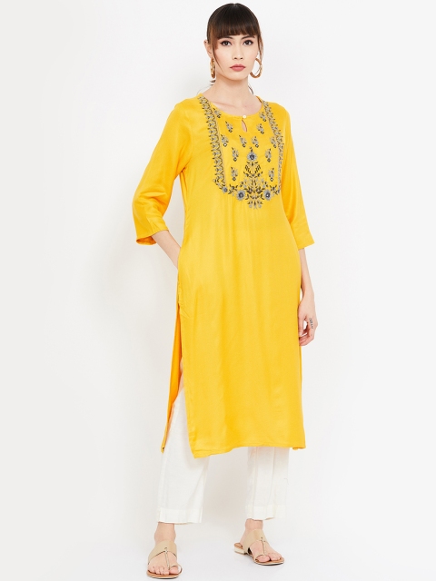 

Melange by Lifestyle Women Mustard Yellow & Grey Embroidered Straight Kurta