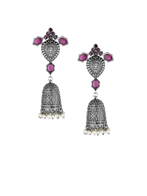 

Adwitiya Collection Silver-Plated & Pink Oxidised White Jhumkas