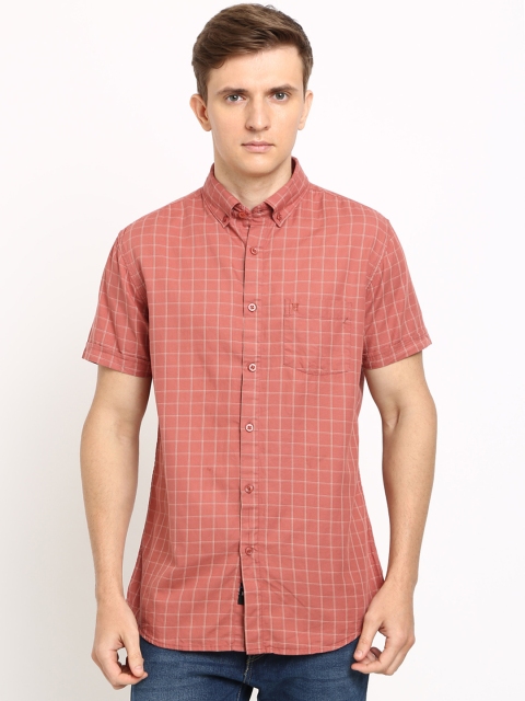 

TED HARBOR Men Coral Red Slim Fit Checked Casual Shirt