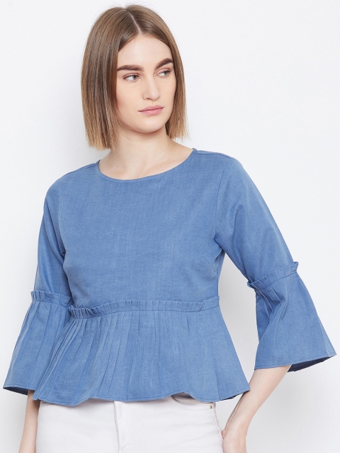 

Imfashini Women Blue Solid Denim Peplum Top
