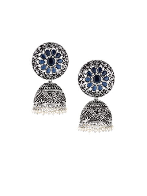 

Adwitiya Collection Silver-Plated & Green Oxidised Dome Shaped Jhumkas