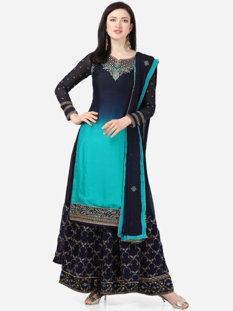 

Stylee LIFESTYLE Blue & Golden Satin Finish Dyed Semi-Stitched Embroidered Dress Material