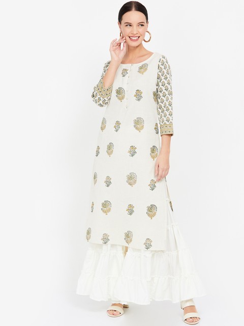 

Melange by Lifestyle Women Off-White & Green Printed Straight Kurta
