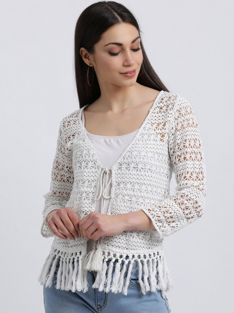 

Zink London Women White Self Design Tie-Up Shrug