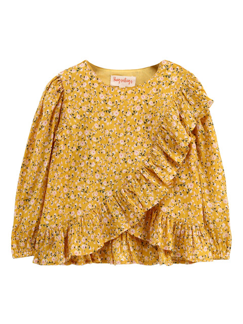 

Hugsntugs Girls Mustard Yellow & White Printed Tiered Top