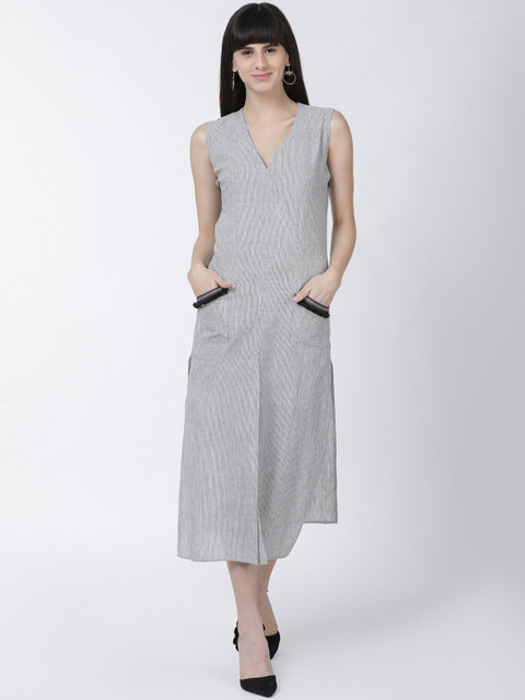 

Heart of Gold Women Grey Striped Wrap A-Line Dress