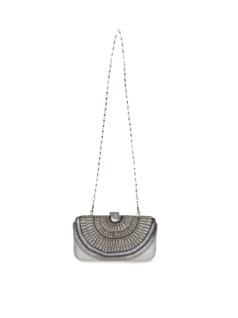 

Anekaant Grey & Silver-Toned Embellished Embellished Clutch