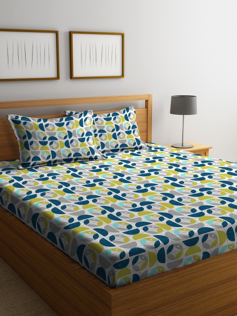 

STELLAR HOME Navy Blue & Yellow Abstract 104 TC Cotton 1 Queen Bedsheet with 2 Pillow Covers