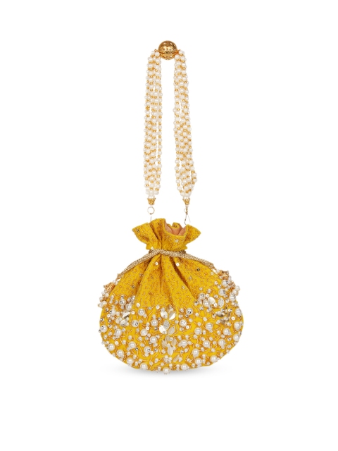 

Anekaant Yellow & White Embellished Tasselled Clutch