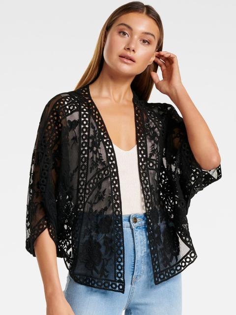 

Forever New Women Black Self Design Semi Sheer Open Front Shrug