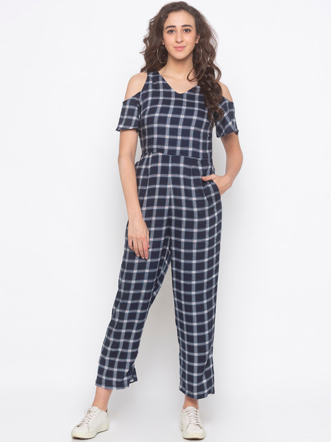 

Globus Women Navy Blue & Off-White Cold-Shoulder Checked Basic Jumpsuit