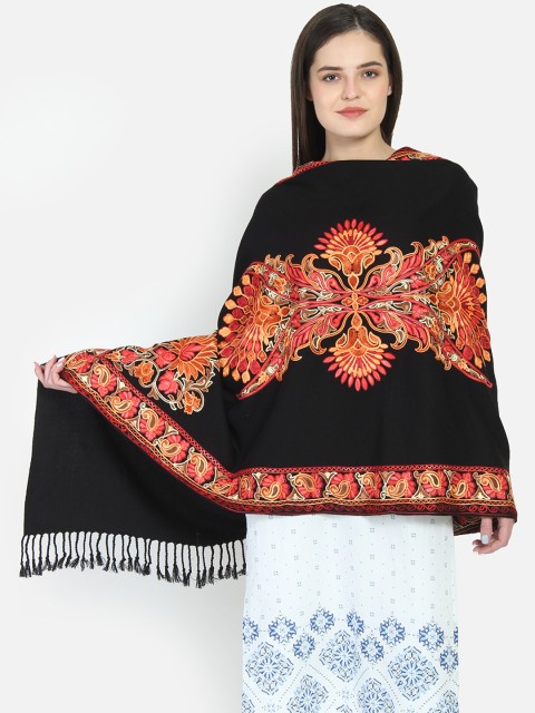 

Anekaant Women Black & Orange Floral Hand Embroidered Shawl