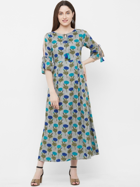 

INDE by MISH Women Grey & Blue Printed Maxi Dress