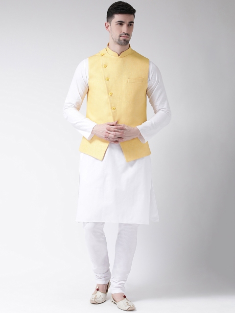 

TABARD Men White & Yellow Solid Kurta Set with Nehru Jacket