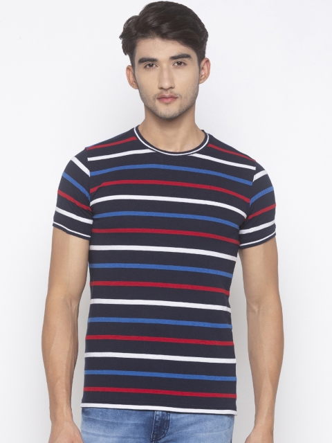 

Globus Men Navy Blue Striped Slim Fit Round Neck T-shirt